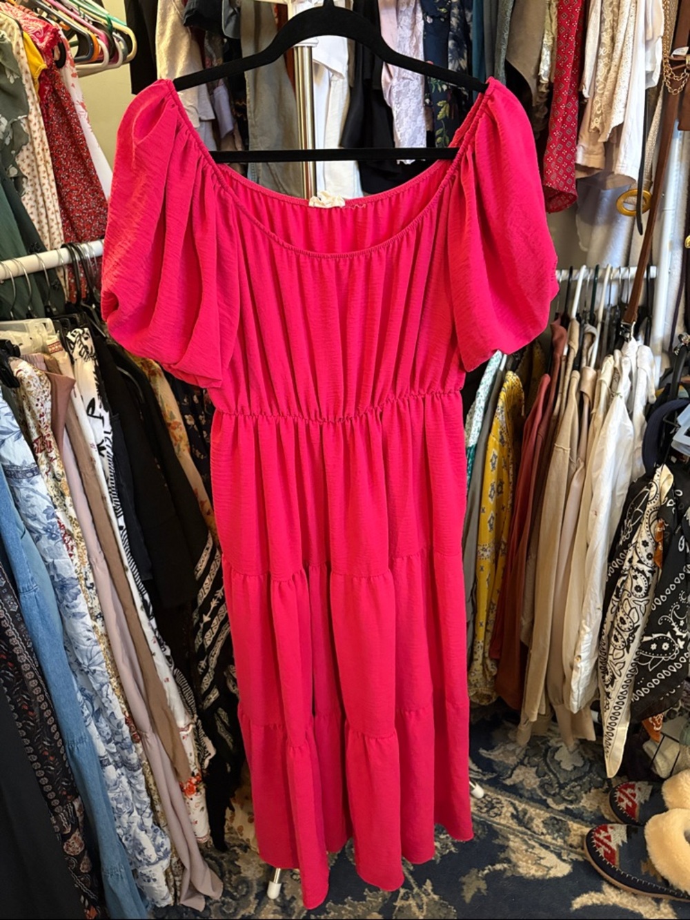 See You Monday Hot Pink Puff-Sleeve Tiered Maxi Dress
